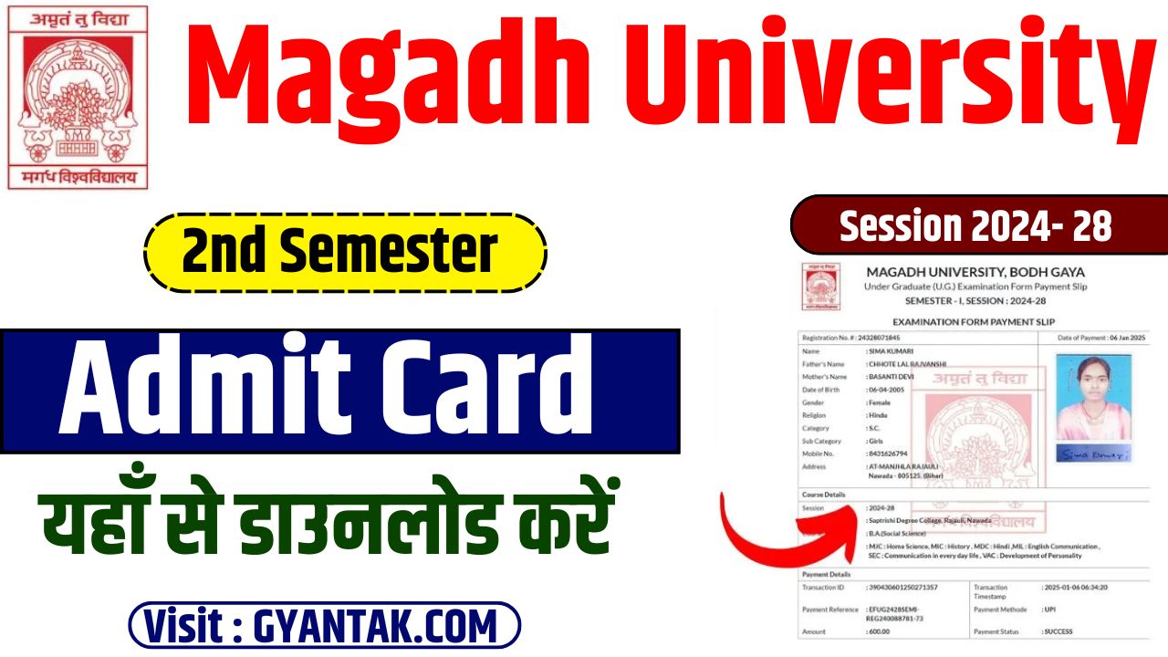 Magadh University UG 2nd Semester Admit Card 2024-28 : How To Download Magadh University Part 2 Admit Card 2025 (2024-28)