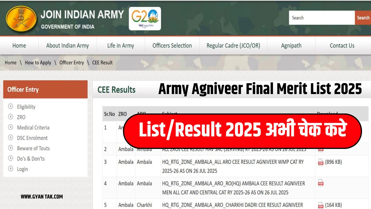 Army Agniveer Final Merit List 2025 : फाइनल मेरिट लिस्ट ऐसे कर पाएंगे चेक!