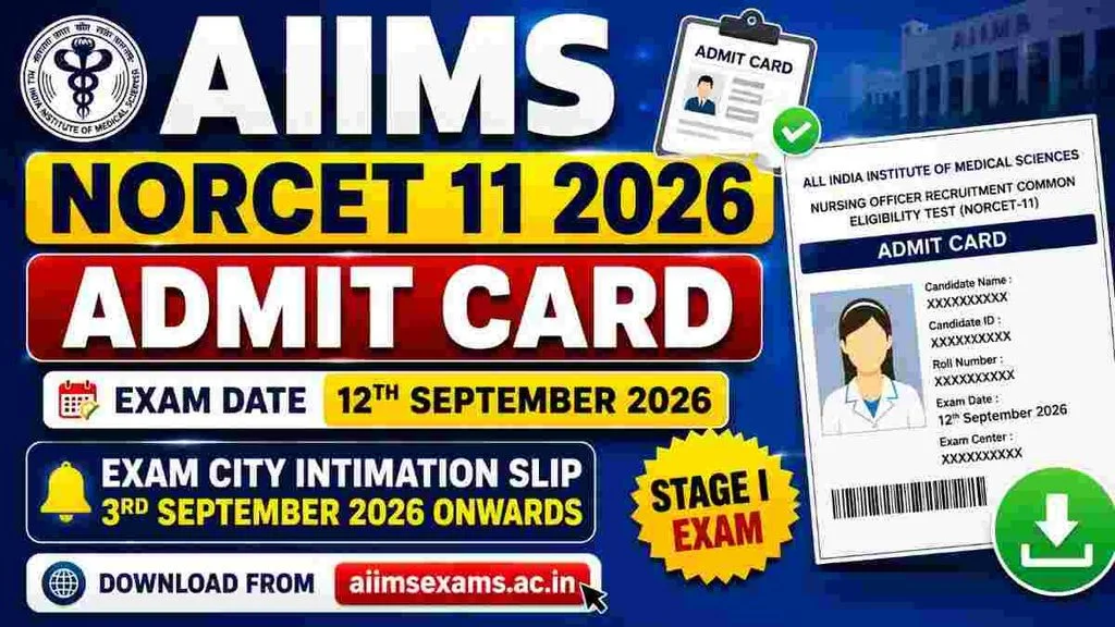 AIIMS NORCET 11 Admit Card 2026 Exam City Intimation Slip